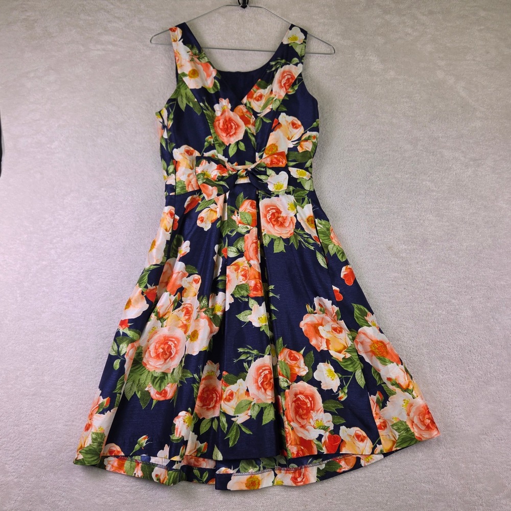 R&K Navy Blue Orange Floral Rose Print Bow Waist Fit & Flare Dress Size 4